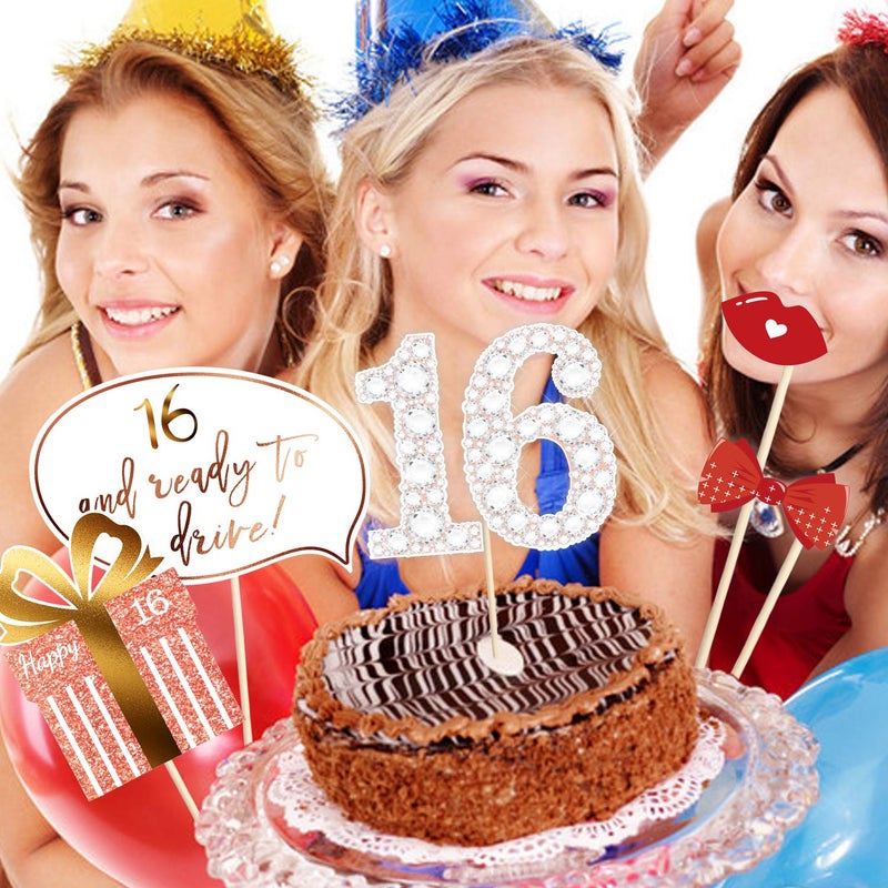 Konsait Rose Gold 16 Birthday Photo Booth Kit(30count), Sweet 16 Props Funny Chic Sweet Sixteen Photo Props with Sticks for Girls 16th Happy Birthday Party Favors Supplies Bday Party Decorations - Image 5